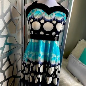New.  White/Turquoise/Blue/Black dress with tag. Never worn.